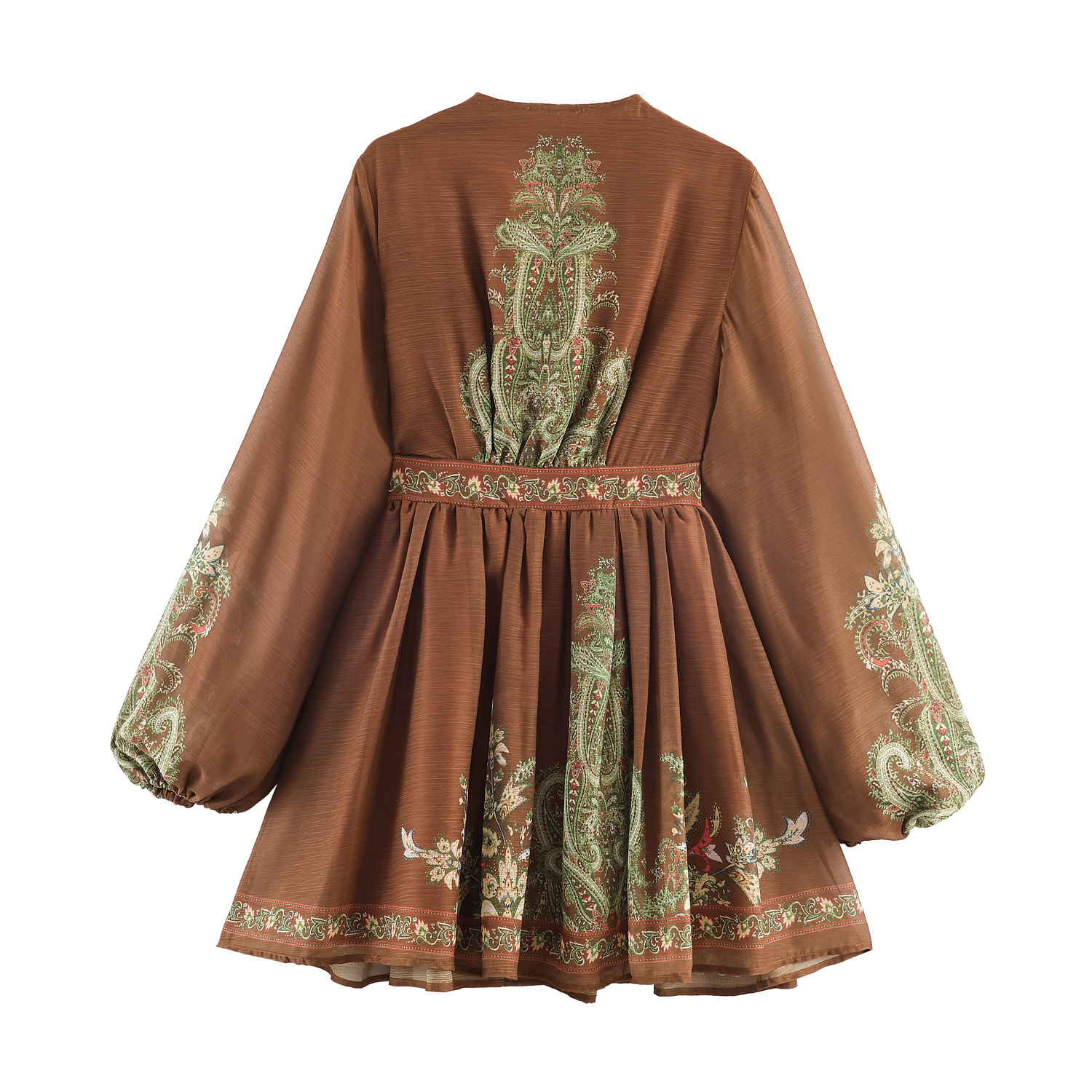 Braunes Boho-Minikleid: Ethno-Print, V-Ausschnitt & Luftiger Chiffon S-XL