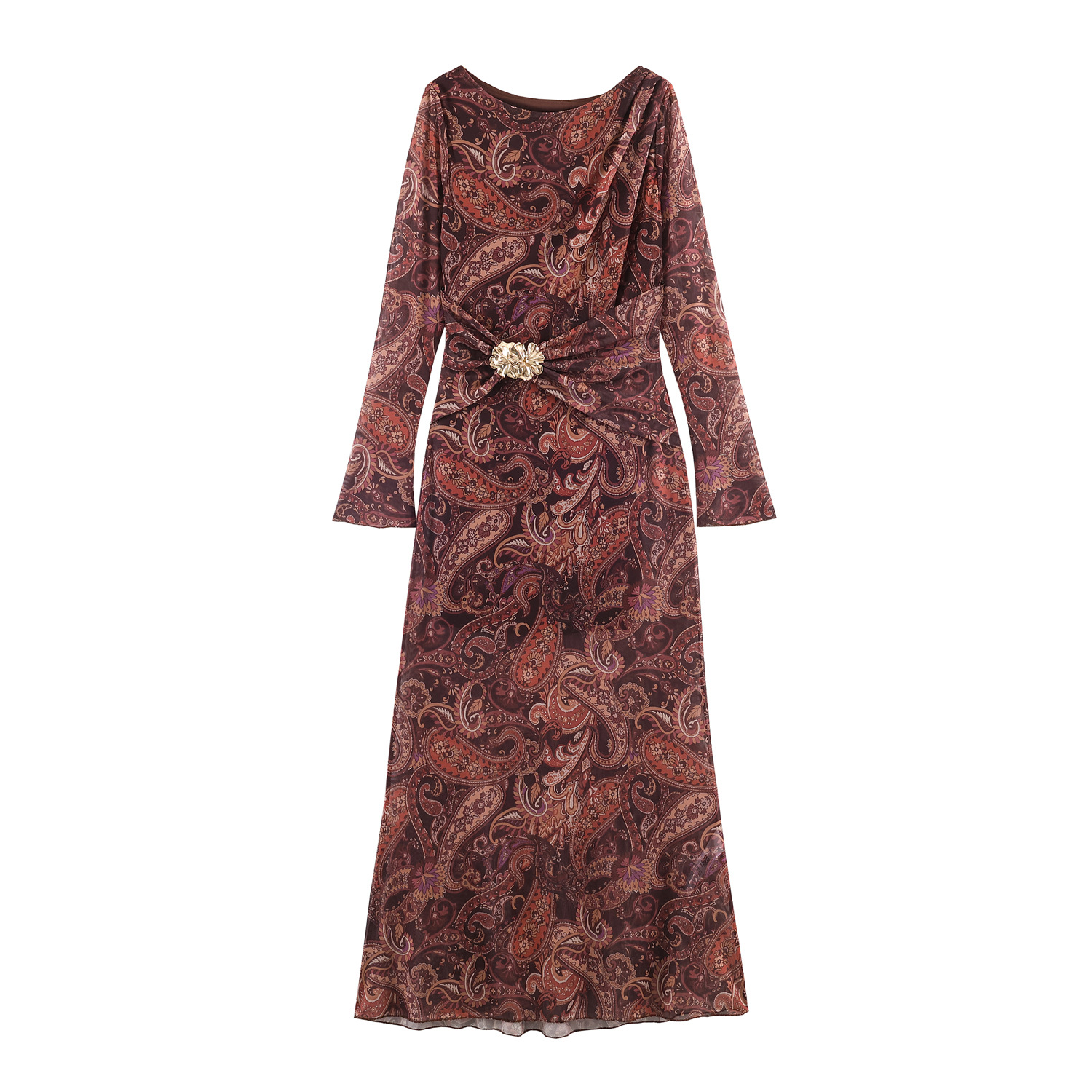 Rotbraunes Mesh-Maxikleid: Paisley-Print, Metall-Detail & Langarm XS-L