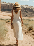 Cremeweißes Leinen-Midikleid: Elegantes V-Design mit Knopfleiste S-2XL