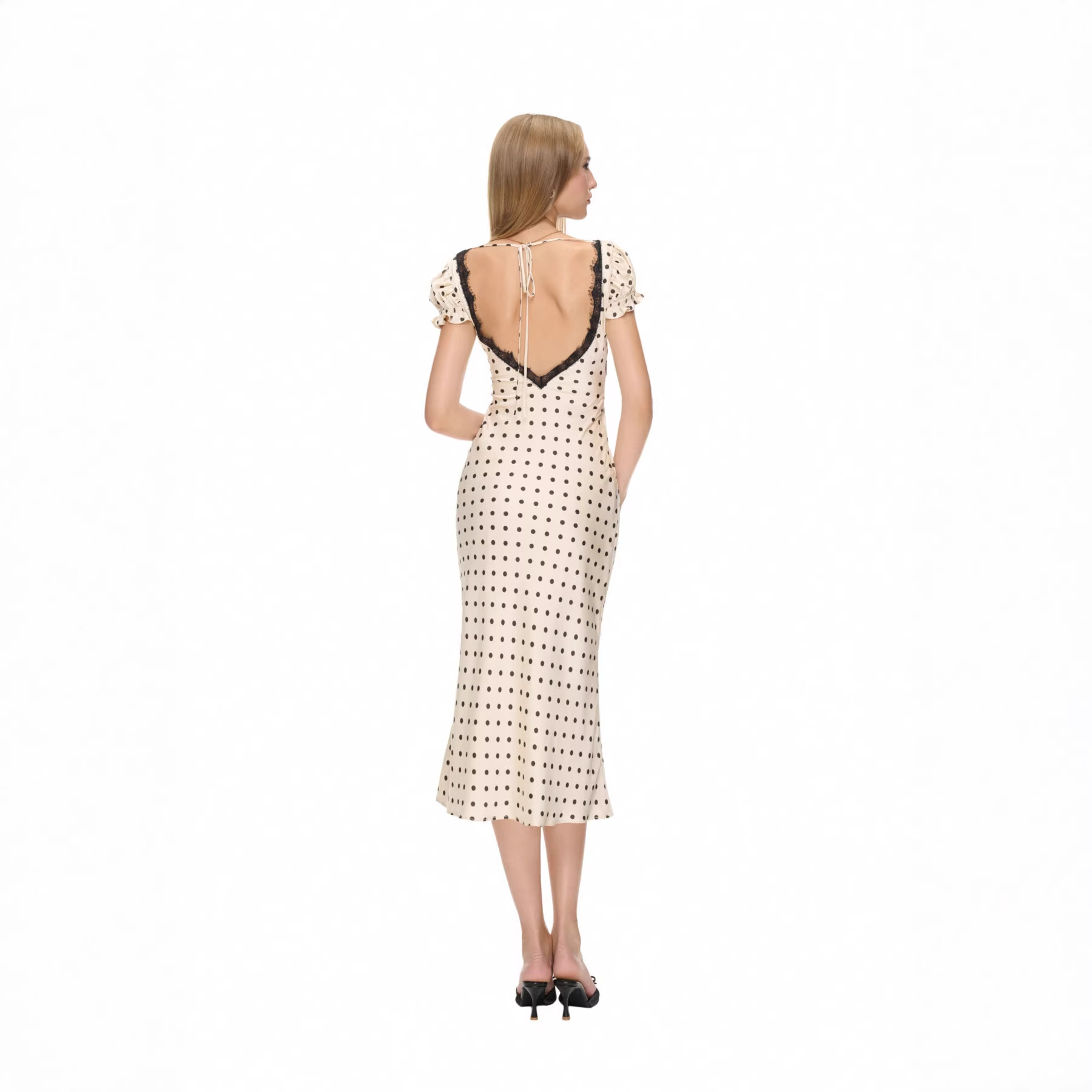 Weißes Polka-Dot-Kleid: Retro V-Ausschnitt, Spitze & Figurbetonte Form XS-L