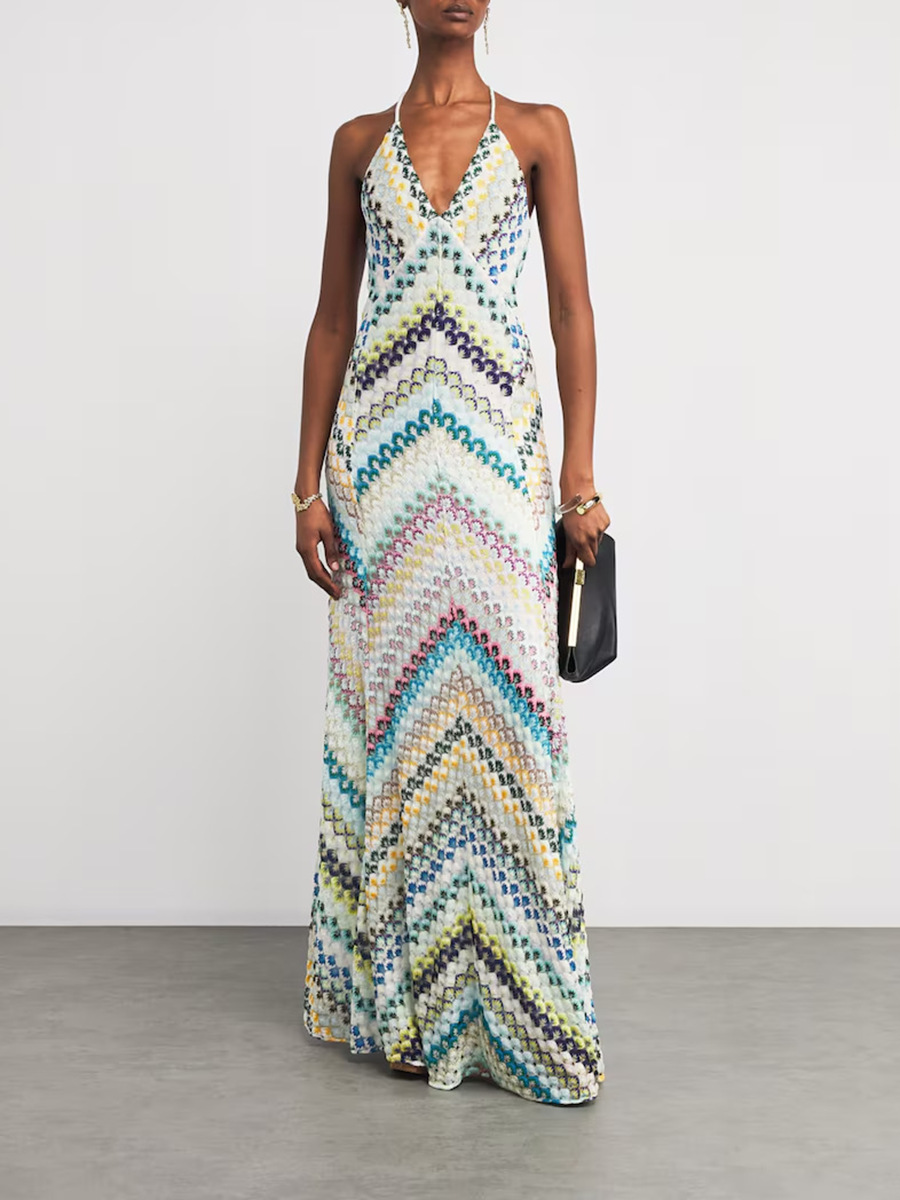 Buntes Boho-Maxikleid: Elegantes Zickzack-Muster, V-Neck & Träger S-XL