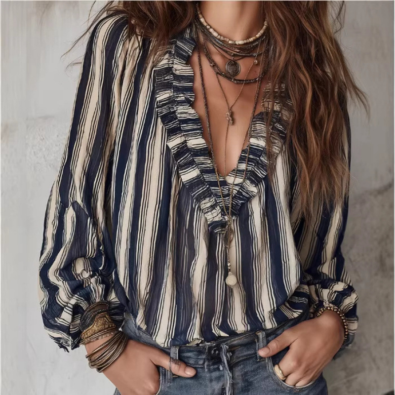 Damen Bluse Dunkelblau: Streifen-Muster, V-Ausschnitt & Rüschen, Chiffon S-2XL