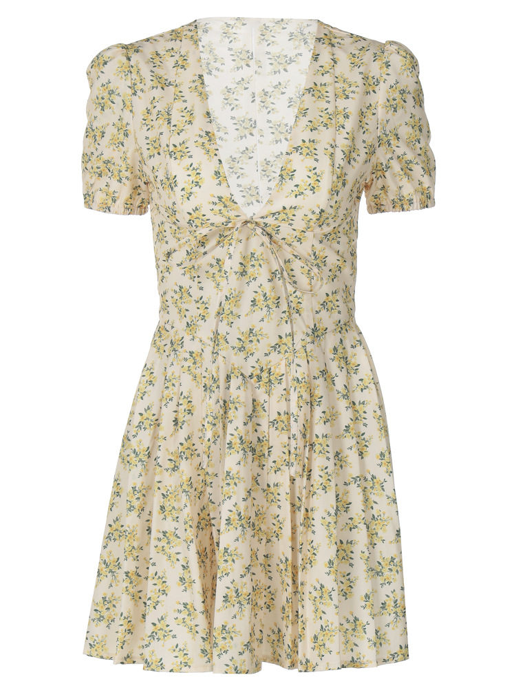 Damen Minikleid Gelb: Vintage Blumenmuster, V-Ausschnitt & Plissee S-L