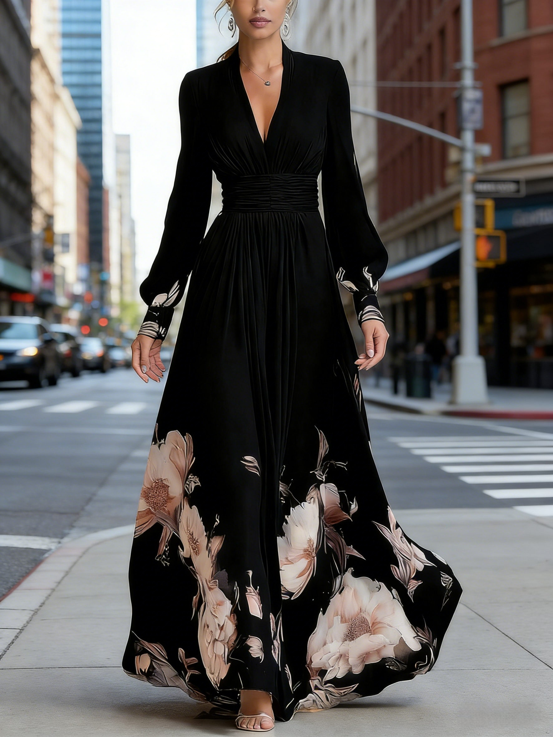 Edles Chiffon-Maxikleid Damen Schwarz: Elegantes Blumenmuster im französischen Stil, Figurbetont mit V-Ausschnitt, Ganzjährig S-2XL