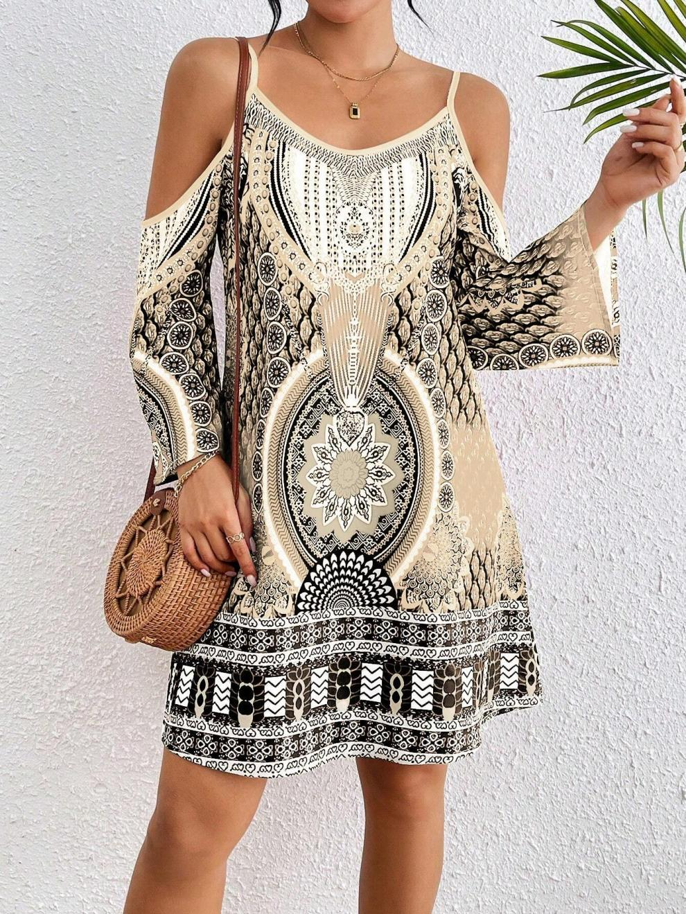 Beiges Boho-Kleid: Retro-Print, Cold-Shoulder & elegante Träger S-XL