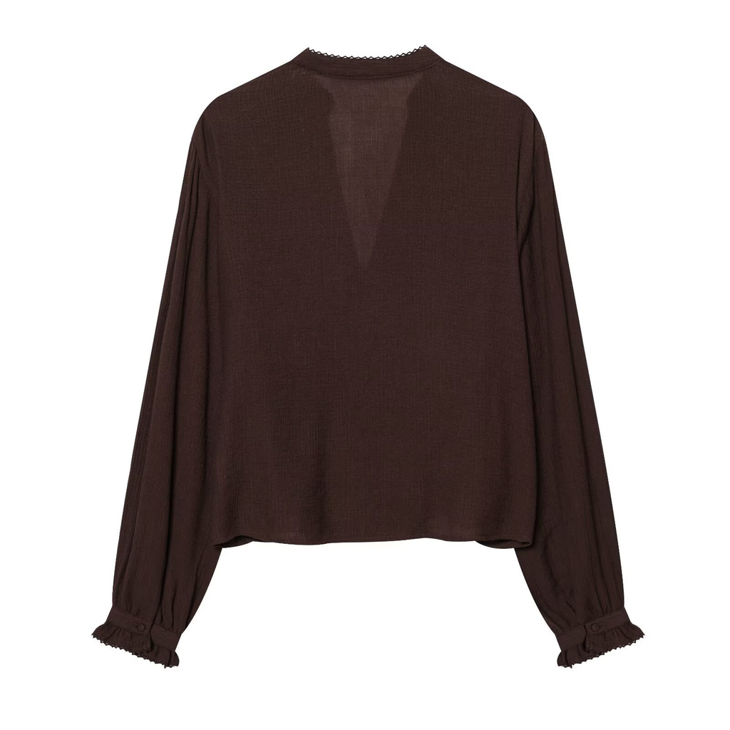 Dunkelbraune Bluse: Elegante Stickerei, V-Ausschnitt & leichter Stoff S-L