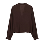 Dunkelbraune Bluse: Elegante Stickerei, V-Ausschnitt & leichter Stoff S-L