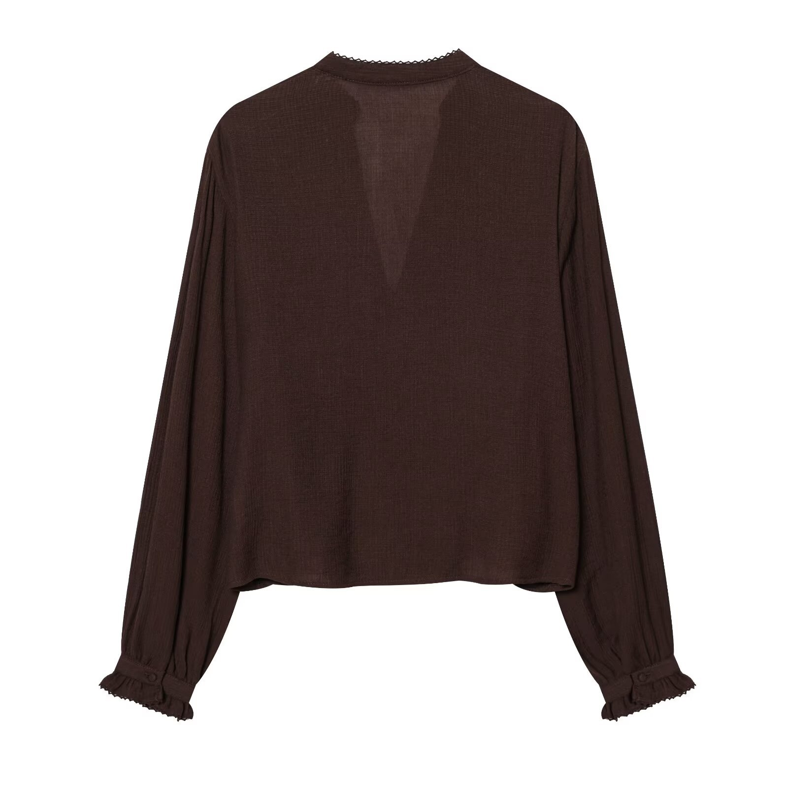 Dunkelbraune Bluse: Elegante Stickerei, V-Ausschnitt & leichter Stoff S-L