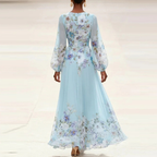 Hellblaues Maxikleid mit Blumen: Elegantes Langarmkleid mit V-Neck S-2XL