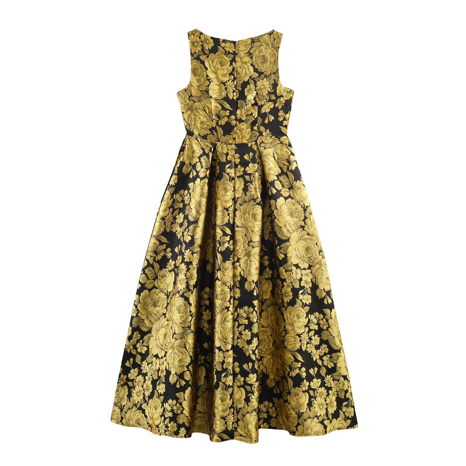 Gelbes Jacquard-Kleid: Retro-Blumenmuster, Ärmellos & Hohe Taille S-XL