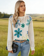 Damen Strickpullover Beige: Türkis-Blaues Blumenmuster mit Ajour-Strick, Elegantes Lochmuster Oberteil für Frühling, Herbst & Winter S-4XL