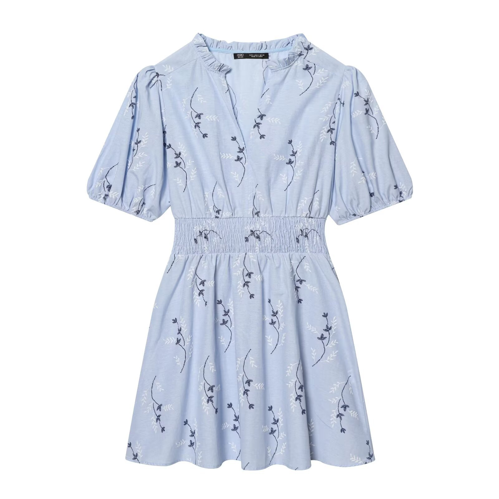 Hellblaues Sommerkleid: Elegante Stickerei, V-Ausschnitt & Taillierung S-L