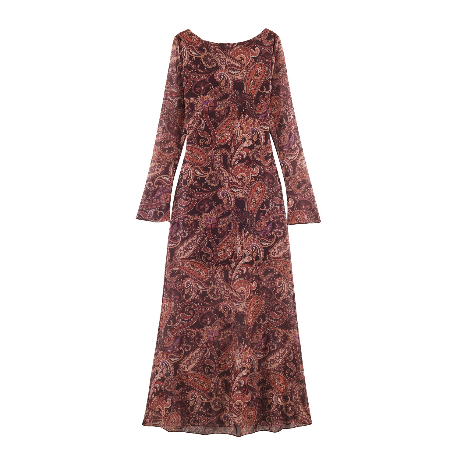 Rotbraunes Mesh-Maxikleid: Paisley-Print, Metall-Detail & Langarm XS-L