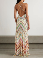 Beiges Boho-Maxikleid: Elegantes Wellenmuster, V-Neck & Halterneck S-XL
