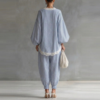 Blau-weiß gestreifter Zweiteiler: Damen-Set mit Spitze & weiter Hose S-2XL