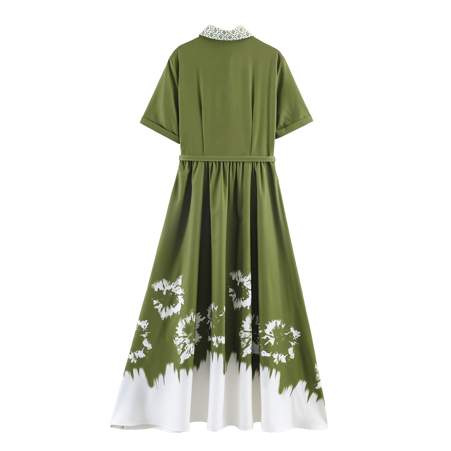 Grünes Hemdblusen-Maxikleid: Eleganter Print, Kragen & Taillengürtel S-XL