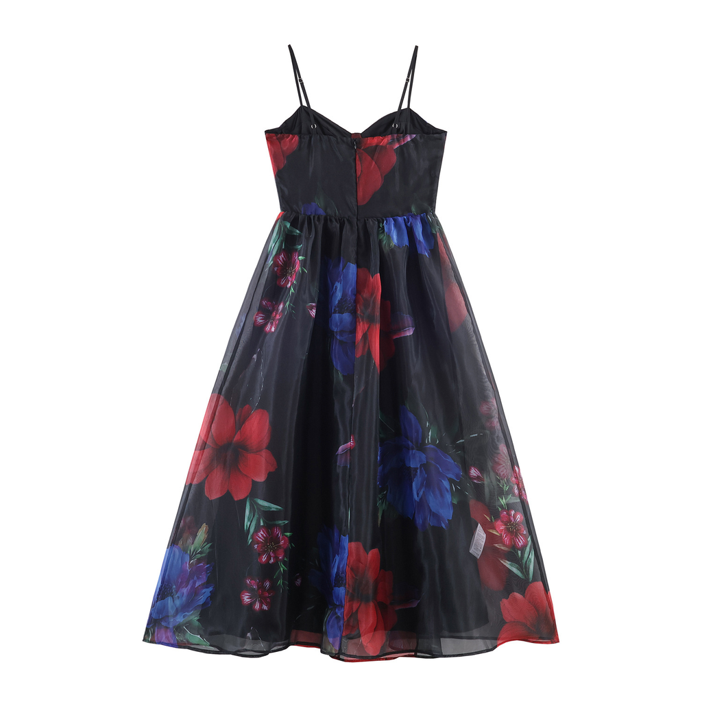 Schwarzes Organza-Maxikleid: Blumenprint & Weite A-Linie Silhouette XS-L