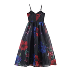 Schwarzes Organza-Maxikleid: Blumenprint & Weite A-Linie Silhouette XS-L