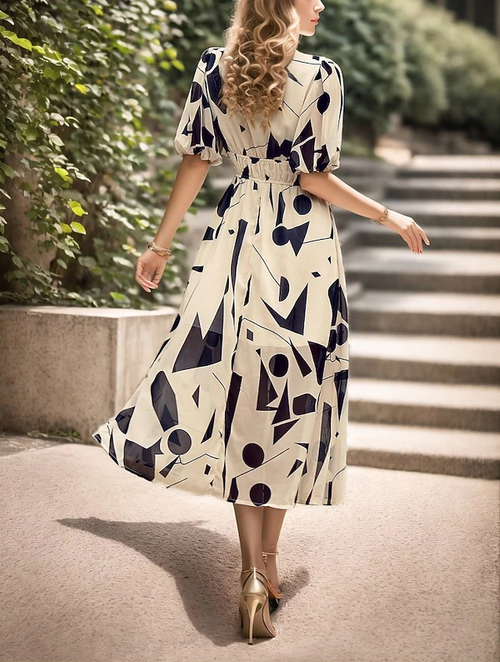 Beiges Maxikleid: Grafik-Print, V-Ausschnitt & elegante Puffärmel S-2XL