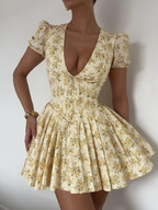 Damen Minikleid Gelb: Vintage Blumenmuster, V-Ausschnitt & Plissee S-L