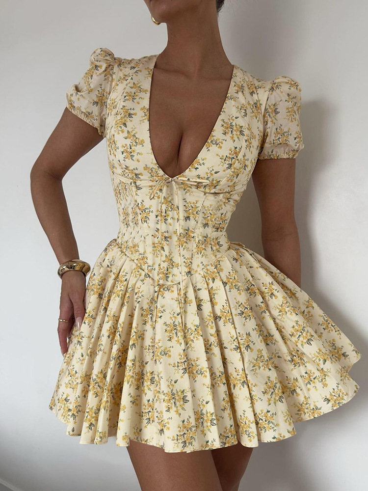 Damen Minikleid Gelb: Vintage Blumenmuster, V-Ausschnitt & Plissee S-L
