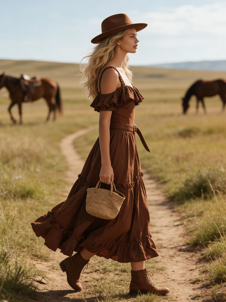 Dunkelbraunes Maxikleid: Off-Shoulder Sommerkleid mit Beinschlitz S-2XL