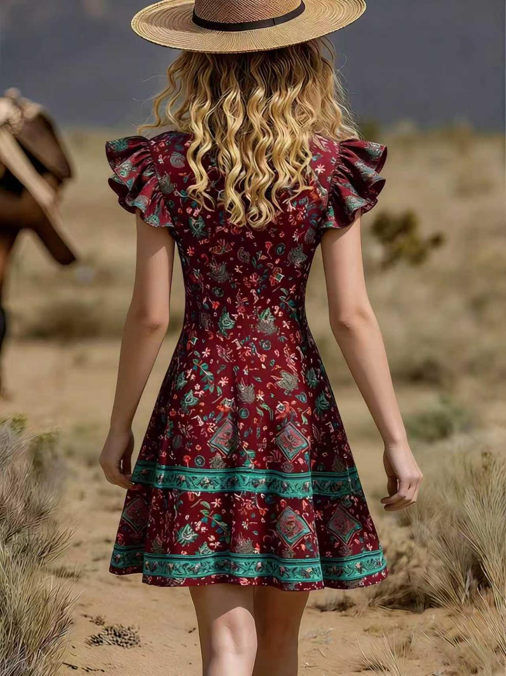 Dunkelrotes Boho-Minikleid: Ethno-Print & Rüschen in Türkis-Grün S-2XL