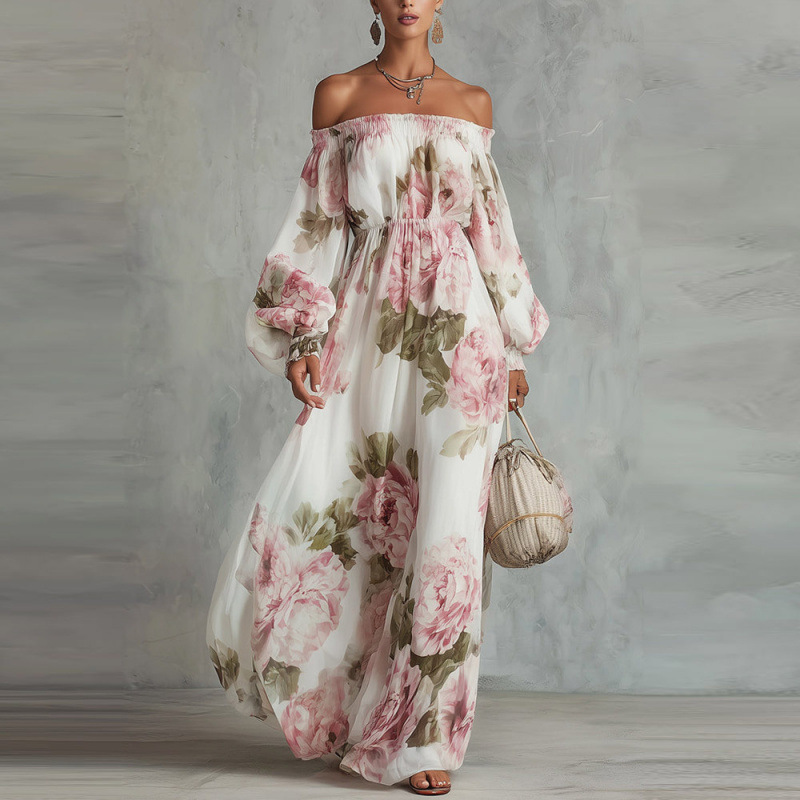 Off-Shoulder Maxikleid in Weiß & Rosa: Elegantes Kleid mit Blumen S-2XL