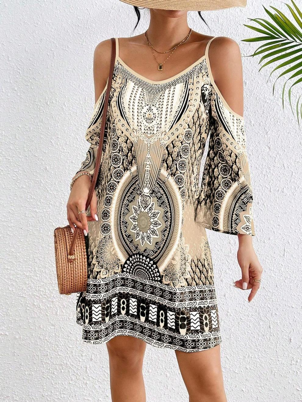 Beiges Boho-Kleid: Retro-Print, Cold-Shoulder & elegante Träger S-XL