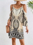 Beiges Boho-Kleid: Retro-Print, Cold-Shoulder & elegante Träger S-XL