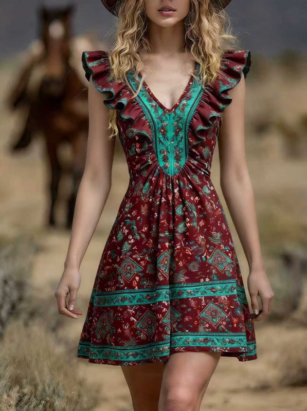 Dunkelrotes Boho-Minikleid: Ethno-Print & Rüschen in Türkis-Grün S-2XL