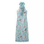 Hellgrünes Boho-Maxikleid: Blumenmuster, Stehkragen & Rüschen-Saum S-L