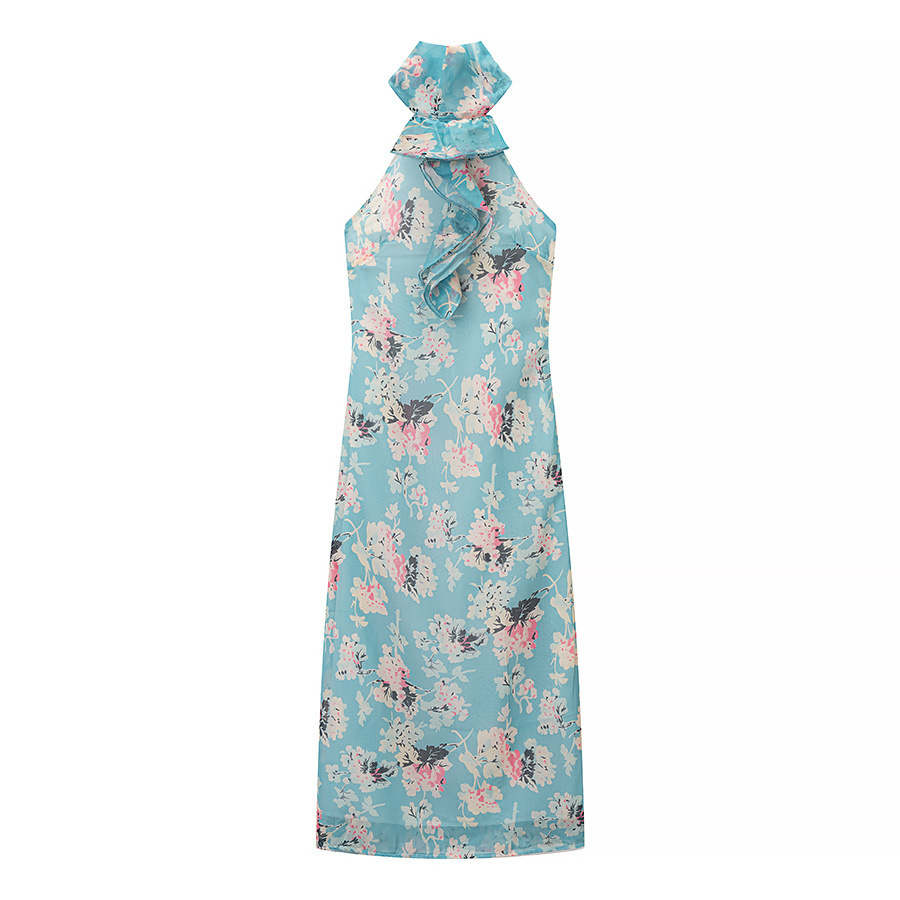 Hellgrünes Boho-Maxikleid: Blumenmuster, Stehkragen & Rüschen-Saum S-L