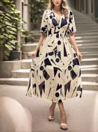 Beiges Maxikleid: Grafik-Print, V-Ausschnitt & elegante Puffärmel S-2XL
