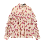 Rosa Boho-Bluse: Romantischer Blumenprint & elegante Stufen-Rüschen S-L