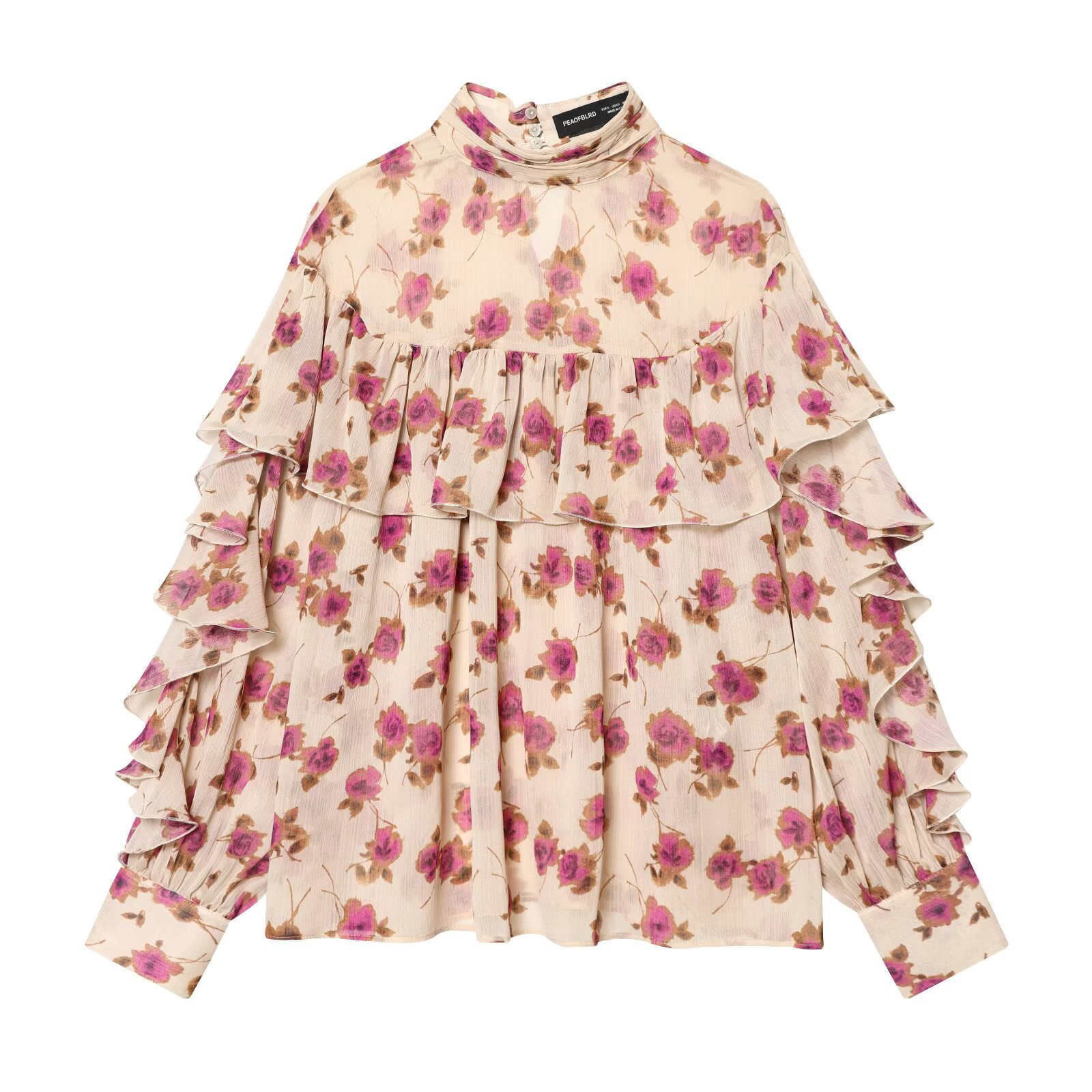 Rosa Boho-Bluse: Romantischer Blumenprint & elegante Stufen-Rüschen S-L