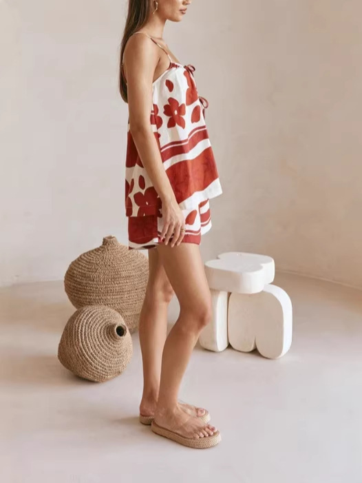 Rotes Leinen Set Damen: Boho Kurzarm Hemd & Weite Hose, Sommer Look S-2XL