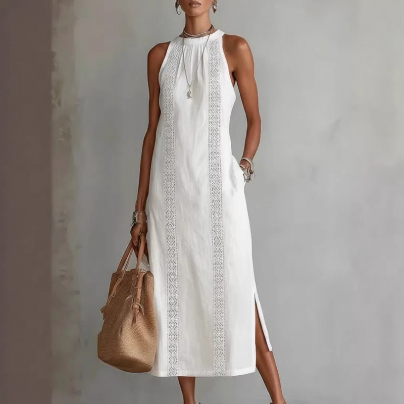 Weißes Halterneck-Kleid: Elegantes Maxikleid mit Spitze für Urlaub S-2XL