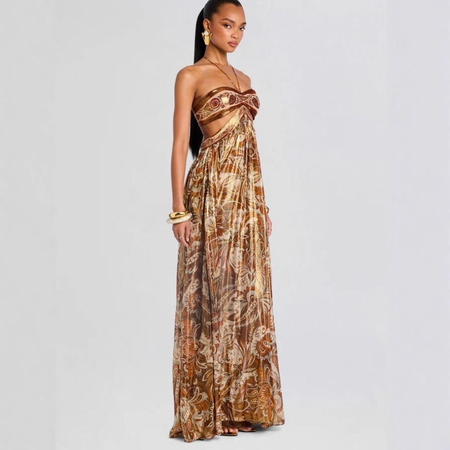 Braunes Boho-Maxikleid: Neckholder-Design & Seitliche Cut-Outs S-L