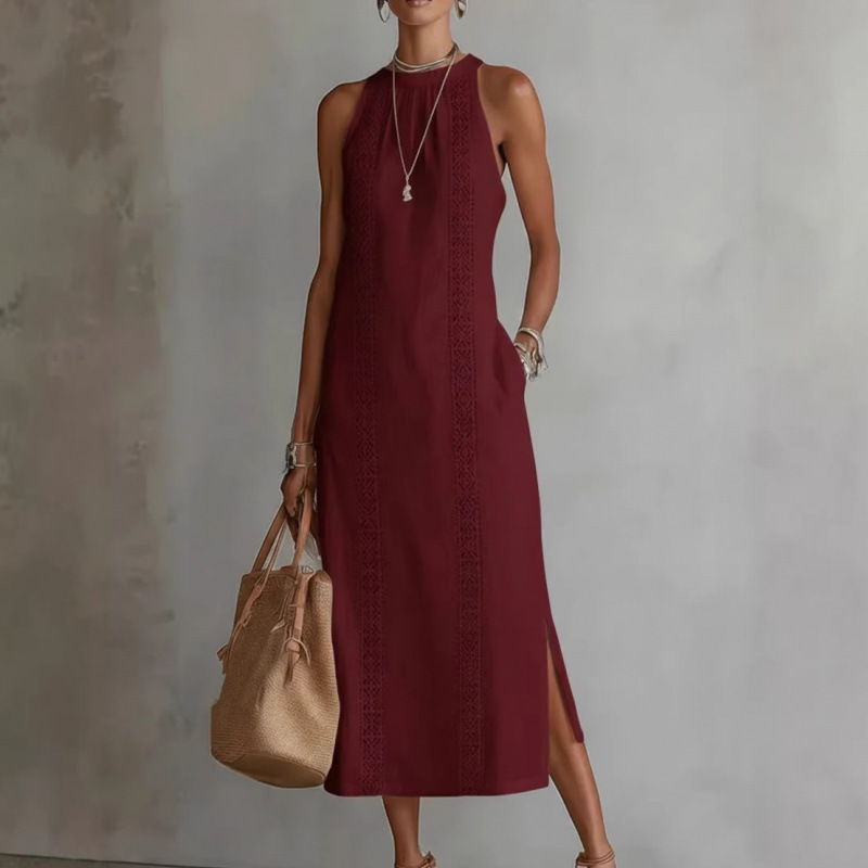 Weinrotes Halterneck-Kleid: Elegantes Maxikleid mit Spitze für Urlaub S-2XL