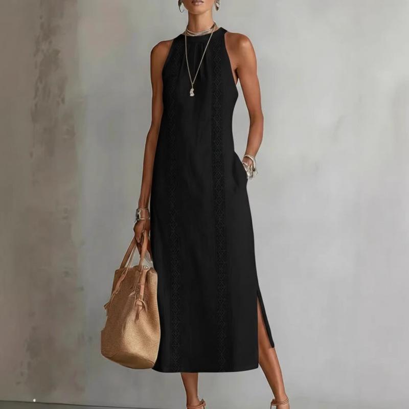 Schwarzes Halterneck-Kleid: Elegantes Maxikleid mit Spitze für Urlaub S-2XL