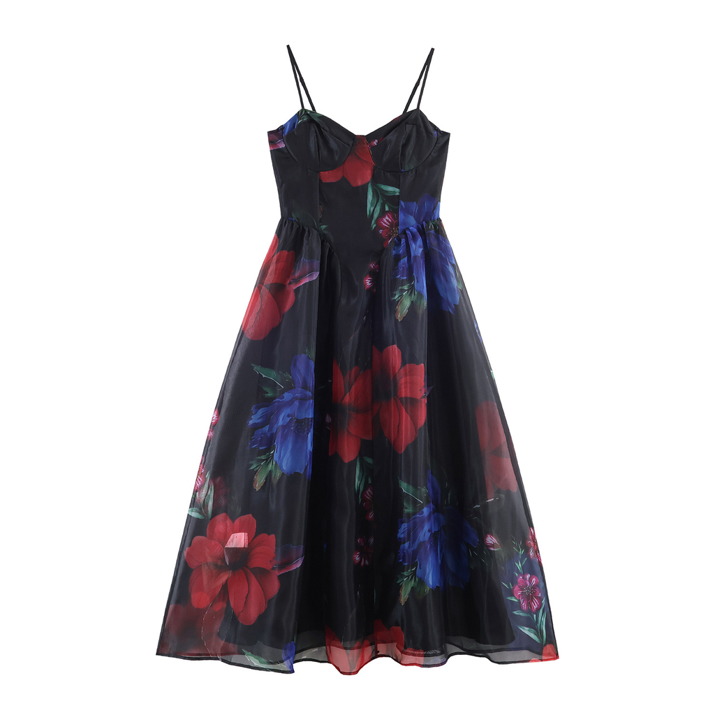 Schwarzes Organza-Maxikleid: Blumenprint & Weite A-Linie Silhouette XS-L