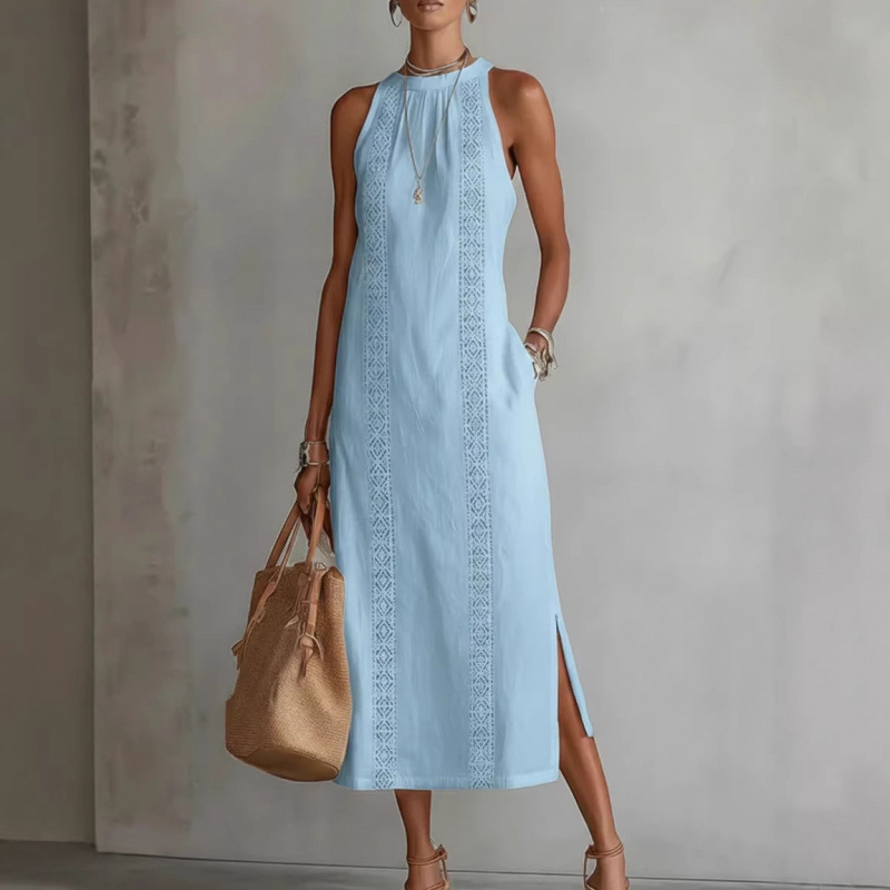 Hellblaues Halterneck-Kleid: Elegantes Maxikleid mit Spitze für Urlaub S-2XL