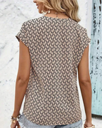 Damen Bluse Beige: Elegantes V-Ausschnitt Oberteil mit Print, Kurzarm Casual Tunika für Sommer, Schwarz Geometrisches Muster, Chic S-3XL
