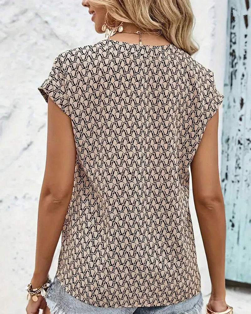 Damen Bluse Beige: Elegantes V-Ausschnitt Oberteil mit Print, Kurzarm Casual Tunika für Sommer, Schwarz Geometrisches Muster, Chic S-3XL