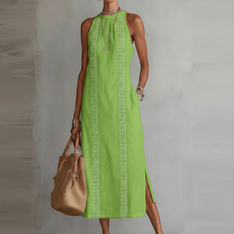 Hellgrünes Halterneck-Kleid: Elegantes Maxikleid mit Spitze für Urlaub S-2XL