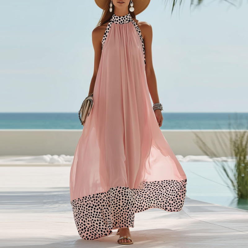 Rosa Neckholder-Maxikleid: Luftiges Sommerkleid mit Punkte-Kontrast S-2XL
