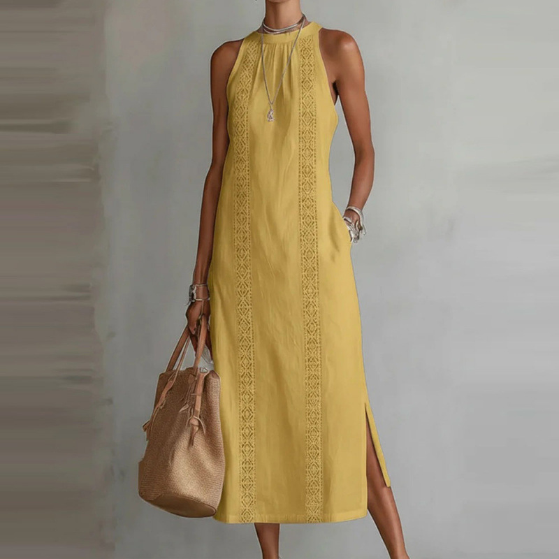 Gelbes Halterneck-Kleid: Elegantes Maxikleid mit Spitze für Urlaub S-2XL