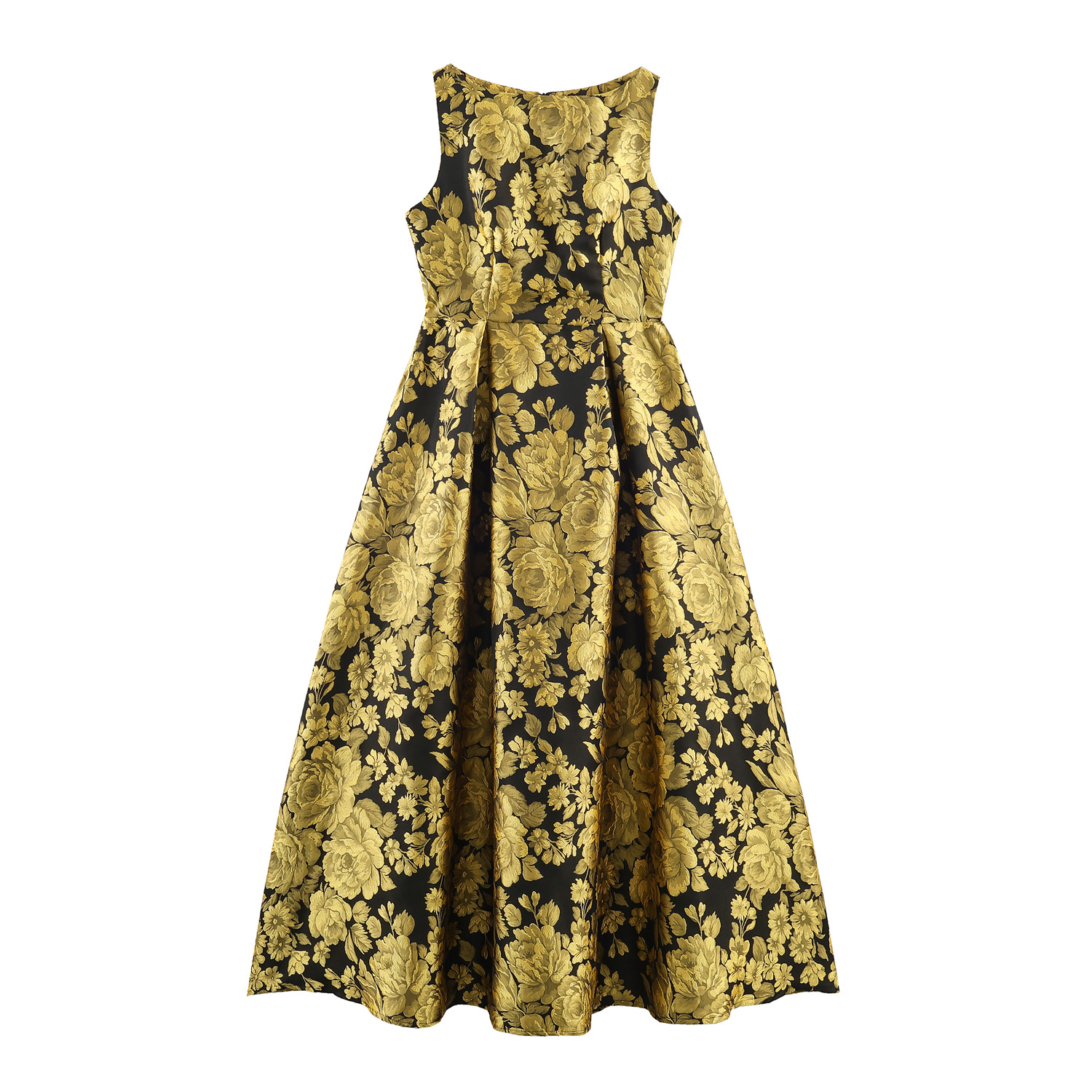 Gelbes Jacquard-Kleid: Retro-Blumenmuster, Ärmellos & Hohe Taille S-XL