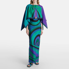 Blaues Set: Elegantes Maxikleid mit Cape & abstraktem Print S-XL
